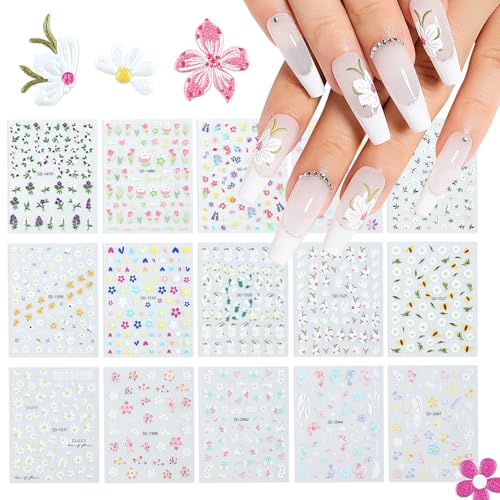 Nicedeco Flores y Plantas Pegatinas Para Uñas 15 Hojas Autoadesiva 5D Nail Art Stickers Decoración Etiqueta Adhesivos para Decoraciones de Uñas de DIY