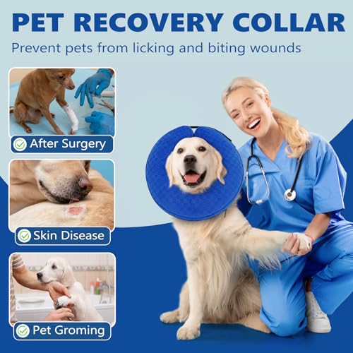 Image of Inflatable Dog Cone Collar After Surgery, Soft Dog Cone for Large Medium Small Dogs and Cats, Adjustable Blow up Neck Donut, Pet Recovery E Collar Alternative Not Block Vision(Blue,M)