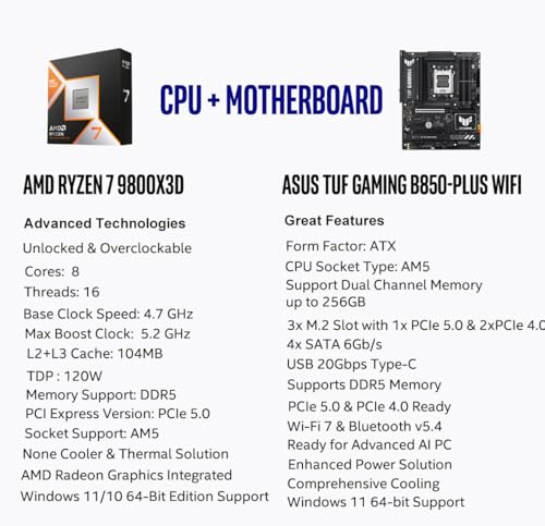 Image of MICRO CENTER AMD Ryzen 7 9800X3D CPU Processor with ASUS TUF Gaming B850-PLUS WiFi AM5 ATX Motherboard (DDR5, PCIe 5.0, 3X M.2, Wi-Fi 7, USB 20Gbps Type-C)