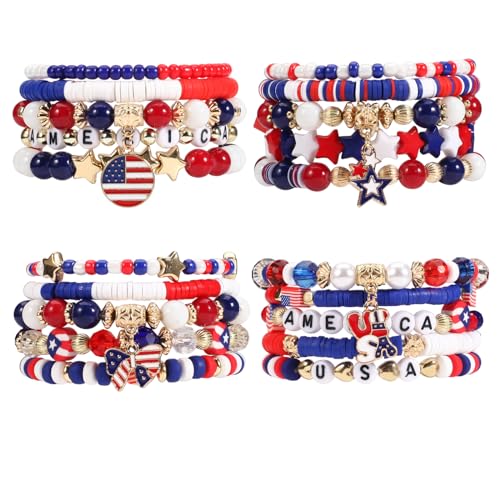 Twinfree 4th of July Bracelets Red White and Blue Bracelet USA Flag Patriotic Independence Day Bracelets American Flag Star Heart Beaded Bracelet (4 Packs)