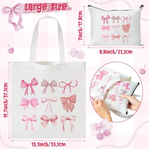 Y1tvei Coquette Pink Bow Preppy Makeup Bag Set - 2Pcs Cute Aesthetic Canvas Tote, Reusable Grocery Folding Shopping Bag With Zipper Pouch Gifts for Women2