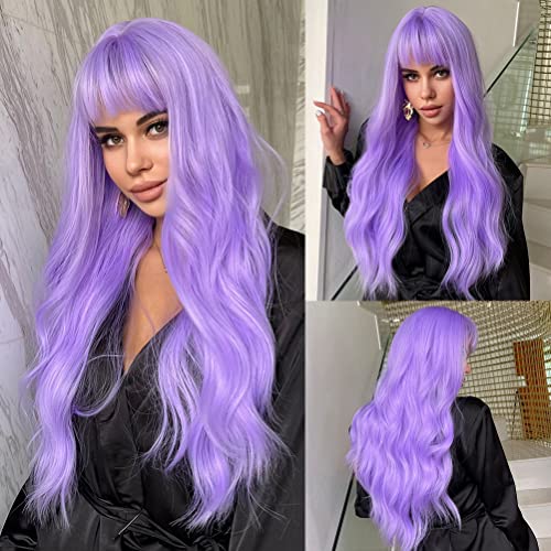 BERON Purple Wig Long Wavy Light Purple Wig with Bangs Lavender Wigs for Women Daily and Party Hairnet Include