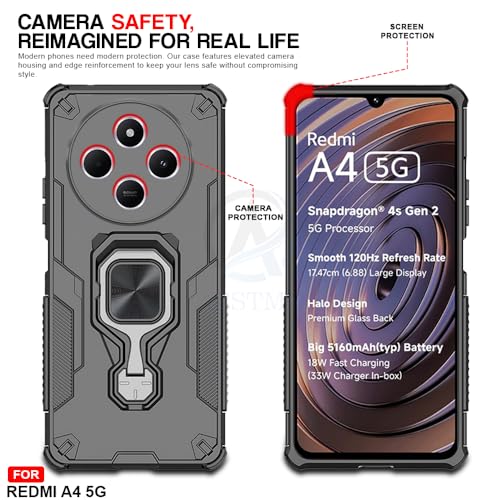 Image of AESTMO Armor Back Cover for Redmi A4 / 14C / Poco C75 / M7 5G | Ring Holder & Kickstand & Camera Protection in-Built | 360 Degree Protection Back Case Cover (Black)