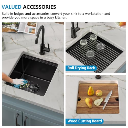 Image of 15 inchx17 inch Black Bar Prep Sink Undermount Workstation | Gunmetal Black NANO-PVD 16 Gauge T304 Stainless Steel Single Bowl Under Counter Basin for RV Kitchen Wet Bar Prep Station