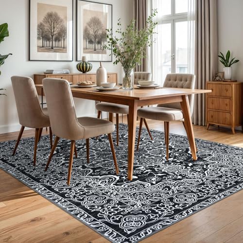 KUTA Vintage Area Rug 5x7 Black, Washable Rugs for Living Room Soft Non-Slip Printed Distressed Tribal Traditional Farmhouse Carpet for Bedroom Dining Room Dorm Office Home Decor