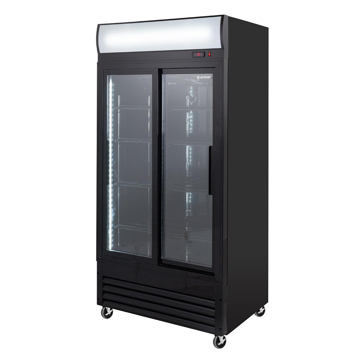 GastroHero Frigorifero per bevande Eco 630 con luce e ante scorrevoli, 8 ripiani regolabili, volume 630 l, porta in vetro, illuminazione interna, nero, per ristorazione e commerciale