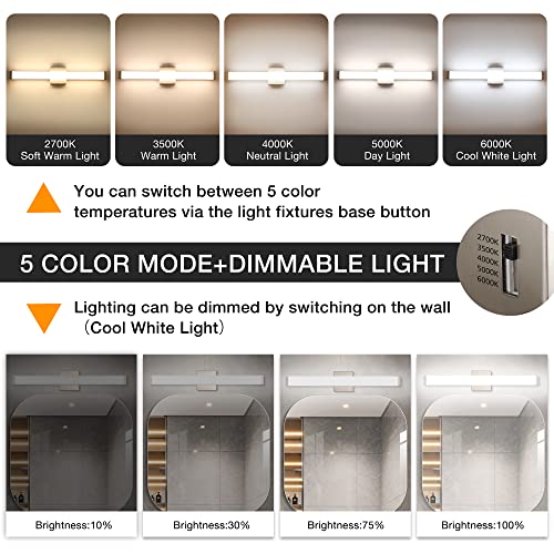 Image of 24 inch LED Vanity Light, 14W 5CCT Dimmable, Brushed Nickel | Wall Bar Light, Rust & Moisture Resistant, Dimmable 2700K-5000K, Energy-saving, moisture-proof, Dresser Bathroom over Mirror