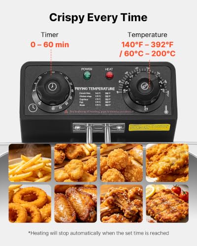 Image of VEVOR Commercial Electric Deep Fryer, 9.51 Qt, 1700W Stainless Steel Countertop Fryer with Large & Small Baskets, Overheat Protection, Temp Control, Timer, Detachable for Home Restaurant Use, Silver