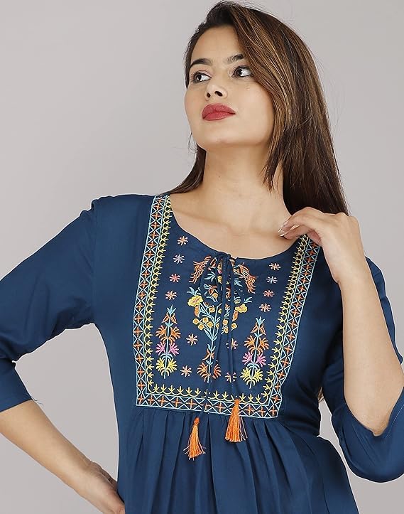 Image of Avayayat Women's Rayon Classic Heavy Embroidery Top with Beautifull Tassels at Front and on Both Sleeves Regular Fit Office Wear Festival Tunic Jeans Summer