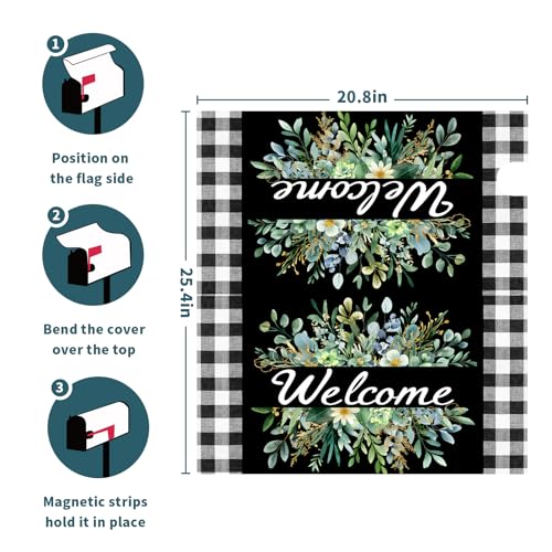 Image of Spring Summer Wreath Welcome Mailbox Covers Magnetic Spring Black White Buffalo Plaid Mailbox Cover Large Green Wreath Mailbox Wraps Post Letter Box Cover Decor for Home Farmhouse Gadern Yard 25 inchx21 inch