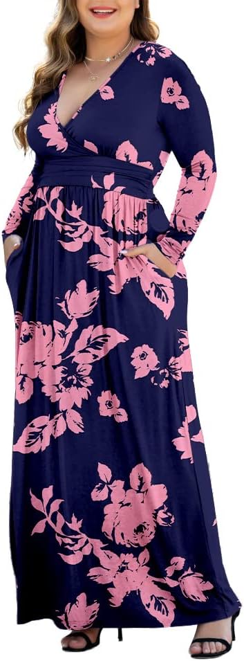 Women's L-5XL Long Sleeve V-Neck Plus Size Maxi Dresses with Pockets - Image 3