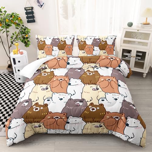Image of AILONEN Cartoon Bear Comforter Set Queen Size, Kawaii White Polar Bears Bedding Set for Kids Girls Boys,Bear Animal Printed Bed in a Bag,3 PCS Included 1 Comforter 2 Pillowcases for All Season
