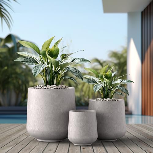 Image of Kante Set of 3 CON Gray Concrete Curved Planters 16.5 inch 13 inch 9.4 inch Dia | Drainage for Outdoor, Rubber Plug for Indoor Home, All-Weather Cement Pot, Handcraft, Lightweight & Durable, Anti-UV, Round
