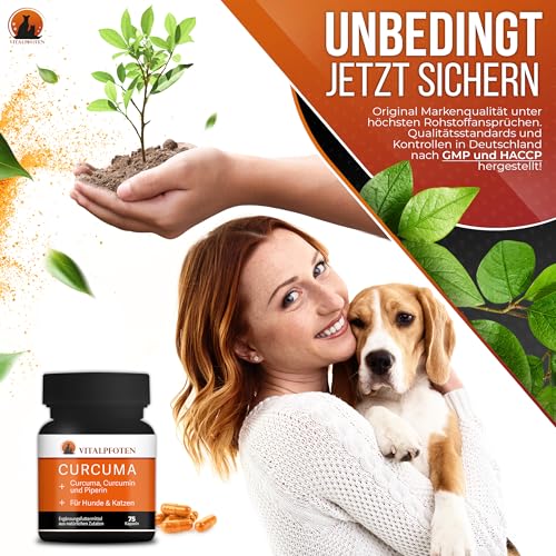 Vitalpfoten 75 Curcuma Kapseln für Hunde und Katzen mit Curcumin und Piperin, Ergänzungsfuttermittel sanfte Dosierung, Herstellung in Deutschland, höchste Reinheit und Qualität