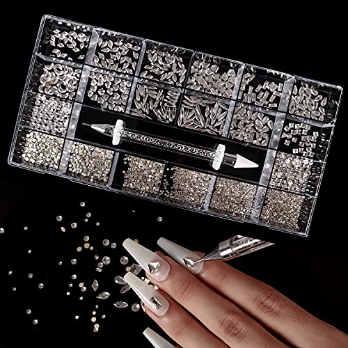 Nail Rhinestones Kit, 3400pcs Multi Shapes Glass Crystal AB Rhinestones for Nails, Mix Size Flatback Round Nail Diamonds with Professional Wax Pen for Acrylic Nail Art Decoration(White)