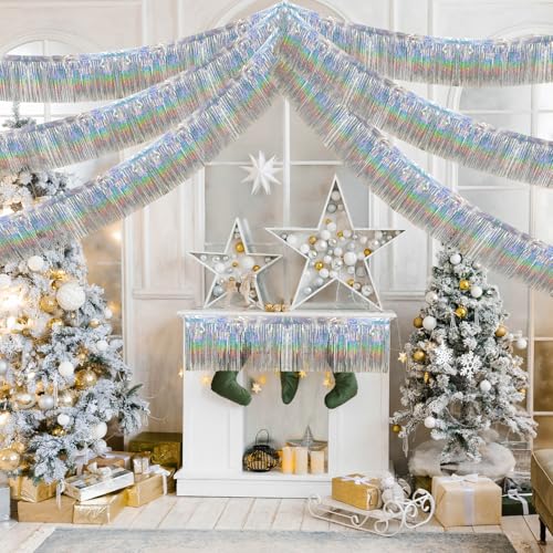 Image of 4 Packs 10 Feet Long Laser Silver Foil Fringe Garland Shiny Metallic Tinsel Wall Hanging Banner for Car Parade Birthday Parties Floats Wedding Baby Shower Ceremonies Bachelorette Garden Decorations