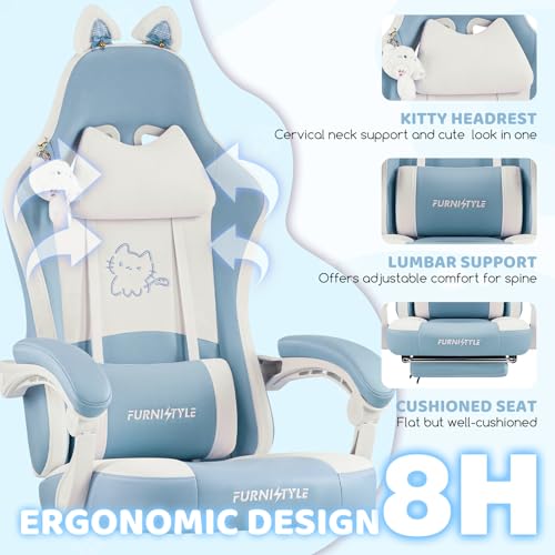 Image of Gaming Chairs, Comfy Video Game Chair for Adults with Cat Ears Pocket Spring Cushion Massage Lumbar Support & Headrest, Ringing Accessories Cute Leather Ergonomic Computer Chair for Girls, Blue /White