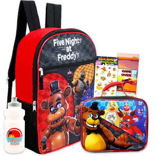 Five Nights at Freddy's Mochila com conjunto de lancheira – Pacote com mochila FNAF, Lancheira FNAF, adesivos, garrafa de água | Mochila escolar Five Nights at Freddy's para meninos