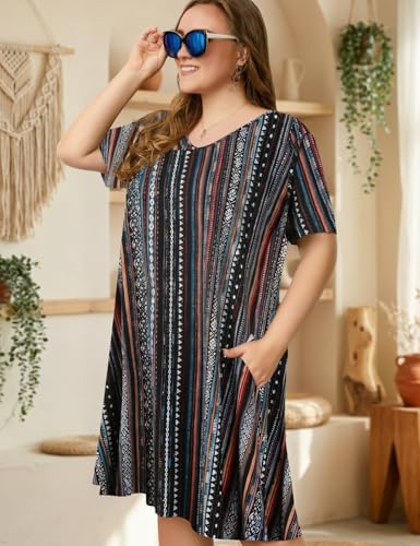 Image of OVERWORETY Womens Short Sleeve Plus Size T-Shirt Dress V Neck Casual Loose Swing A-Line Summer Tunic Dresses with Pockets