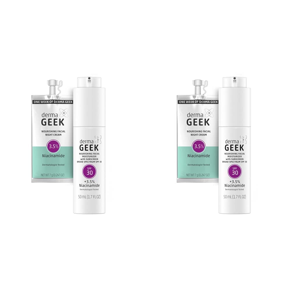 dermaGEEK Moisturizing Combo Gift Set | Nourishing Facial Moisturizer with Sunscreen Broad Spectrum SPF 30, 1.7 FL OZ + Nourishing Facial Night Cream Travel/Trial Size (Pack of 2)