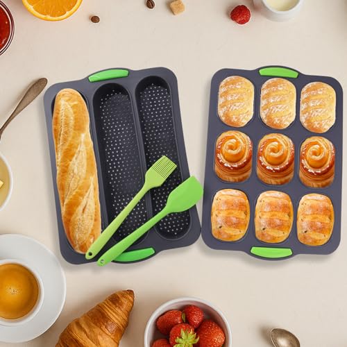 Miniatura 3 de Molde Pan Horno, Moldes Silicona Reposteria, Molde Silicona Bizcocho Ovalado De 9 Casillas, Baguette Bandeja De 3 Compartimentos, Con Cepillo Y Espátula De Silicona, Perfecta Para Repostería Casera