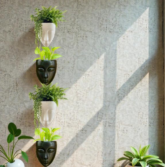 Image of Wall Mounted Face Planters, Set of 4, Black and White, Decorative Indoor Vertical Garden