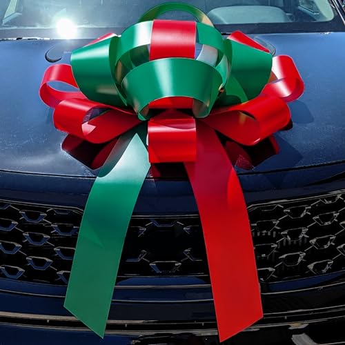 Image of CarBowz Big Car Bow for Car Decorations and Birthday Car Gifts, Large Bow Ribbon, Magnet, Car Safe Sticker Included, Fully Assembled 30 inch Wide Huge Bow, No Suction Cup Needed (Red /Green)