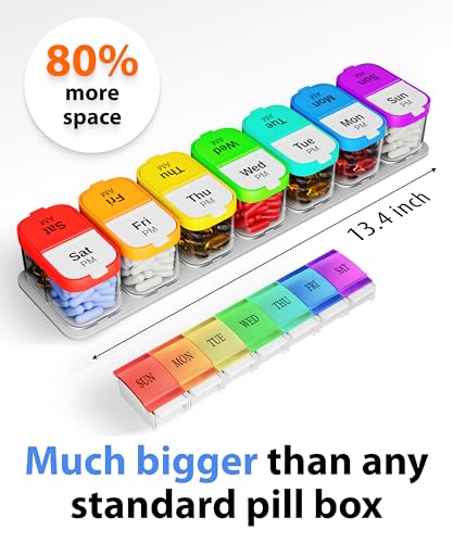 Extra Large Weekly Pill Organizer - XL Vitamin Holder with 7 Detachable AM PM Compartments - Portable Medicine Dispenser for Home and Travel, Big Supplement Container for Weekly or Daily Use, Rainbow