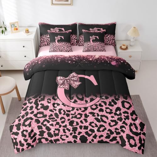 Image of Feelyou Girls Bow Comforter Set King Size 7 Pieces Glitter Leopard Print Bedding Set for Kids Boys Girls Initial Letter C Bed in a Bag with Comforter, Sheets, Pillowcases, Cushion Covers Bedroom Decor