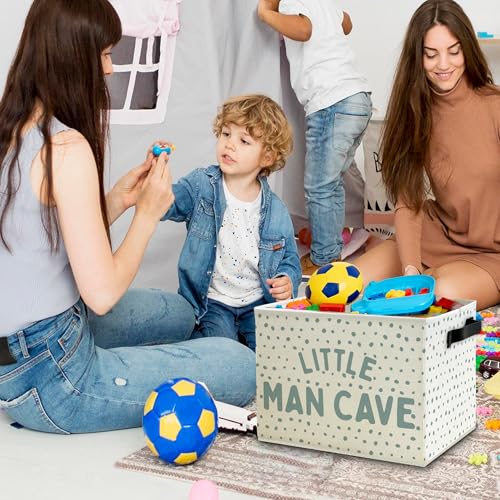 Image of Little Man Cave Boys Storage Bins Box with Handles, Blue Dots Collapsible Basket Organizer for Kids Boys Playroom Nursery Room Bedroom Bathroom Books Clothes