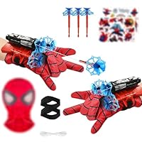 2 Set Spid-er Launcher Handschuhe, Kids Spid-er Hero Handschuhe, Super Spid-er Launcher mit Maske und Aufkleber, Spid-er Spielzeug ab 3+ Jahre Junge, Geschenk Spielzeug für Kinder Fans