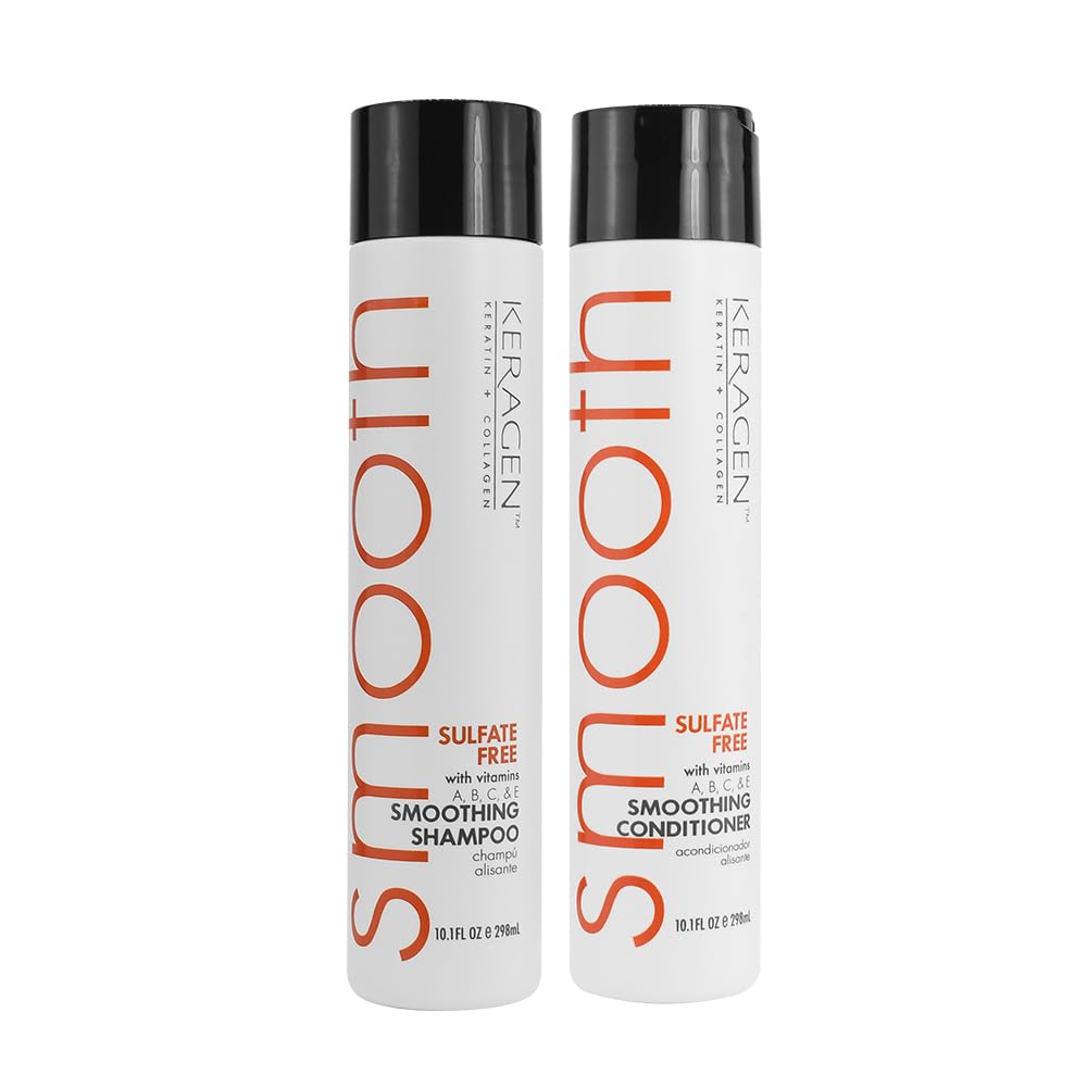 Smoothing Shampoo and Conditioner Set with Keratin and Collagen for All Hair Types, Sulfate Free - Moisturizes, Strengthens, Protects Color, and Repairs 10 Oz Each