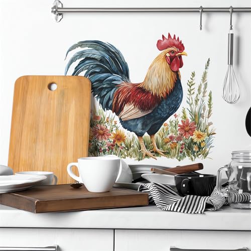 Rooster Chicken Wall Stickers, sacinora Colorful Rooster Flower Farm Idyllic Wall Decals Removable Vinyl Peel and Stick for Farmhouse Kitchen Dining Room Pantry Refrigerator Art Home Decorations