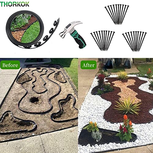 Thorkok Landscape Edging Kit 2In Tall, No-Dig Garden Edging 33Ft With 30 Stakes, Plastic Garden Edging, Free Garden Hammer, Flexible Lawn Edging Garden Border Edging For Lawn, Yard, Black #TOP3