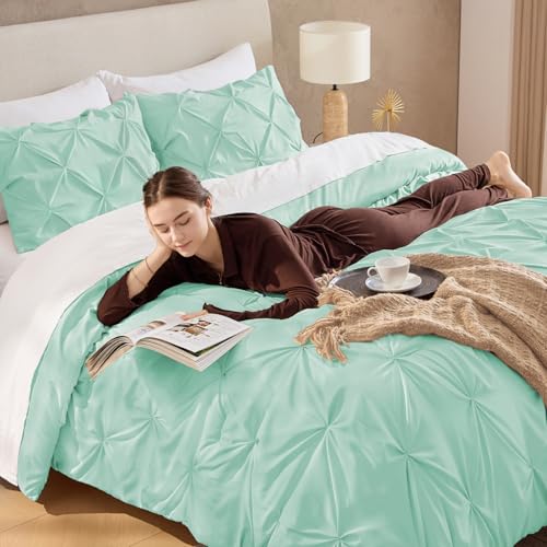Image of Andency Full Pinch Pleat Comforter Set (79 inchx90 inch),3 Piece Lightweight Pintuck Bedding Comforters & Sets, Fluffy Down Alternative Comforter with 2 Pillow Shams for All Season,Mint Green