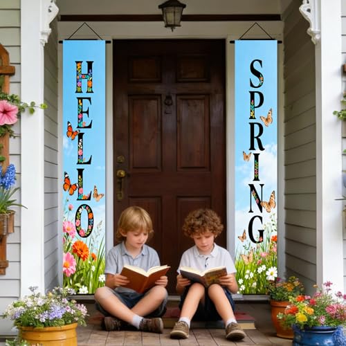 Image of Nuxovilar Hello Spring Butterfly Porch Banners 12x70 Inches Polyester