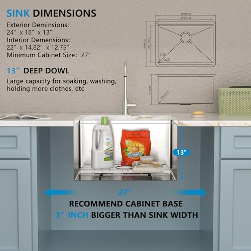 Image of 24 inchx18 inch Undermount Kitchen Sink Workstation - 16 Gauge 304 Stainless Steel, 13 Inch Deep Single Bowl Under Counter Sink Basin for Kitchen, Laundry Room, RV or Utility Use