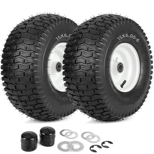GICOOL 15x6.00-6 Rubber Lawn Mower Tire and Wheel, 2 Pcs Replacement 15x6-6nhs Riding Mowers Lawn Tire and Wheel with Bearing Bore 3/4', 3' Centered Hub
