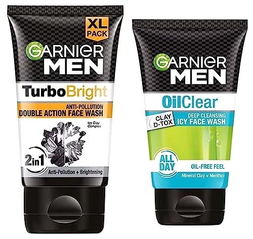Image of Garnier Men, Face Wash, Brightening & Anti-Pollution, TurboBright Double Action, 150 g & Garnier Men Oil Clear Clay D-Tox Deep Cleansing Icy Face Wash, 100gm