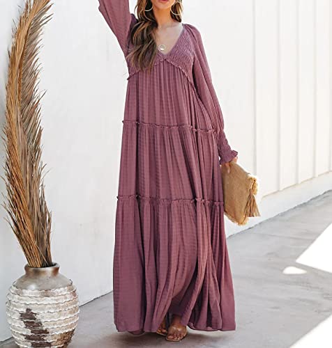 R.Vivimos Maxi Dress for Women Long Sleeve V Neck Empire Waist Layered Ruffle Boho Casual Flowy Long Dresses2