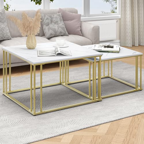 YITAHOME Moderner Couchtisch 2er-Set für Wohnzimmer, weißgraue runde Couchtische aus Holz, Cocktailtische, Beistelltisch mit Stabiler goldfarbener Metallrahmen YITAHOME Moderner Couchtisch 2er-Set für Wohnzimmer, weißgraue runde Couchtische aus Holz, Cocktailtische, Beistelltisch mit Stabiler goldfarbener Metallrahmen