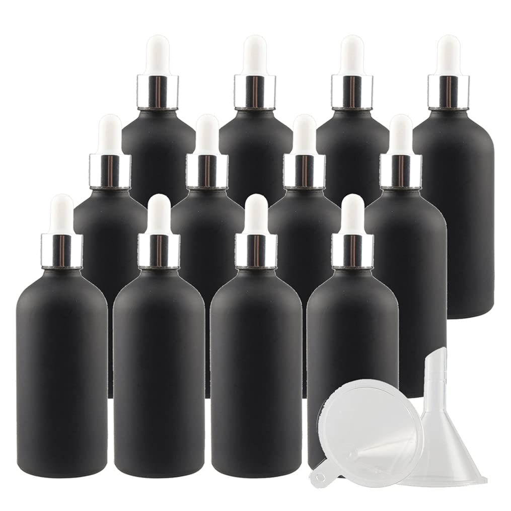 Sprühflasche aus Kunststoff, 12er-Pack, 100 ml, leer, mattiertes schwarzes Glas, Tropfer mit silbernem Schraubverschluss für ätherische Öle, Aromatherapie-Mischungen, Ko