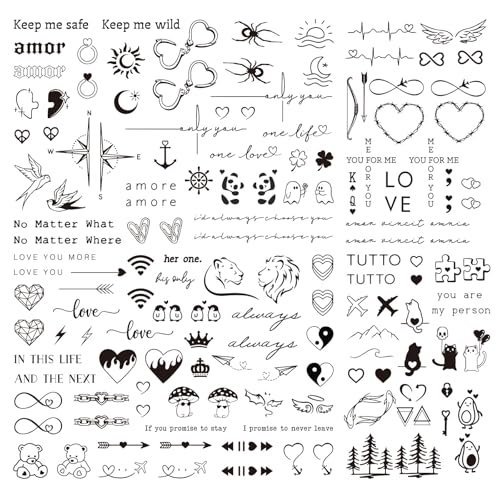 BETESSIN 3 Fogli Tatuaggi Temporanei Amore Cuore Coppia Tattoo Temporanei Semipermanenti Donna con Scritte Tattoo Finti Love Trasferelli Dura 1-2 Settimane
