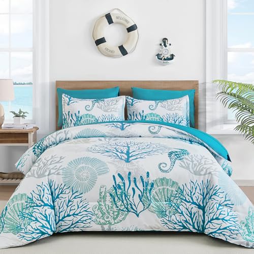 WONGS BEDDING Coastal Comforter Set King, Beach Themed Comforter,7 Pieces Ocean Nautical Seaweed & Starfish Bed in a Bag (104