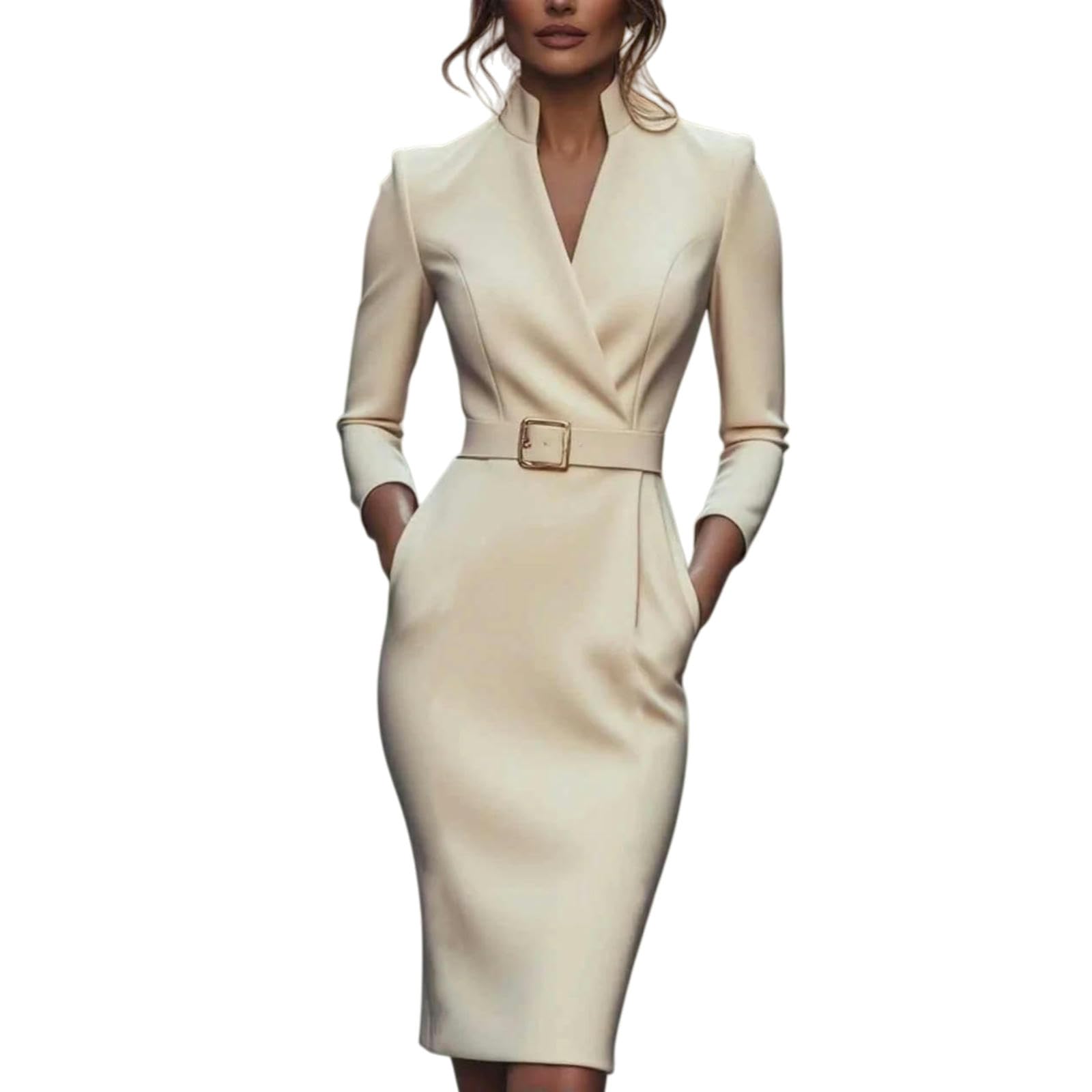 Abito Donna da Stile Francese in Vita Elegante Sera Quotidiano Lavoro D'ufficio A Maniche Lunghe Slim Fit-Rosso-l
