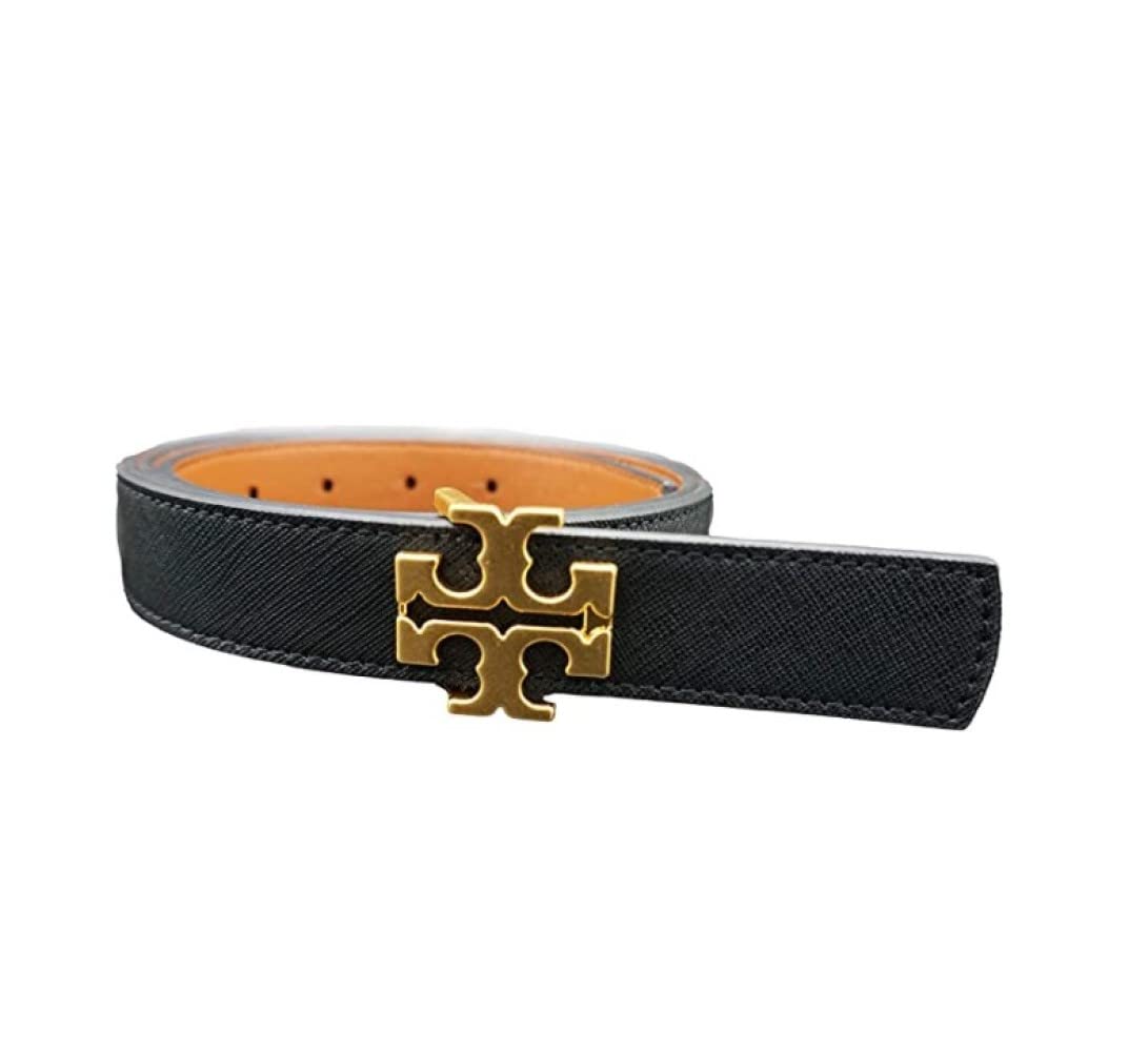 Tory Burch 82407 Black/Classic Tan Gold Hardware Britten Logo Saffiano Leather Unisex Reversible Belt 1" Size Large