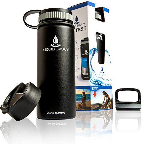 Liquid Savvy 18oz Insulated Water Bottle with 3 lids - Stainless Steel, Wide Mouth Double Walled Vacuum Insulated Bottle for Hot and Cold Beverages (Black)