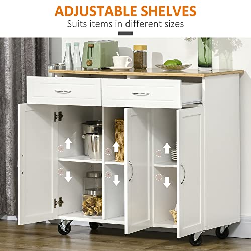 Homcom Rolling Kitchen Island Cart On Wheels With Large Bamboo Countertop, 2 Cabinets With Drawers, Adjustable Shelves, White #TOP4