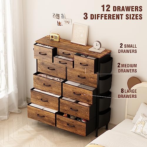 Lulive Dresser for Bedroom with 12 Drawers, Tall Dresser Chest of Drawers with Side Pockets and Hooks, Fabric Dresser Storage Tower for Closet, Hallway, Living Room (Rustic Brown) - Thumbnail 4