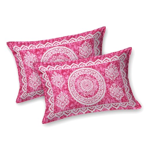 Image of RajasthaniKart 144 TC Pure 100% Cotton Double Bed Sheet with 2 Pillow Covers (Bedsheet for Double Bed Cotton, Pink Star Jaipuri, King Size,5297)